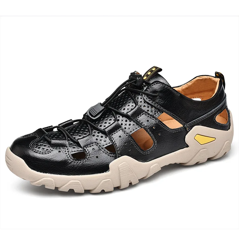 

EXCARGO Genuine Leather Sandals Mens Summer Shoes Protect Toe Closed 2020 Summer New Hallow Breatable Fashion Sandals Flats