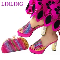 2021 fashionable italian women shoes matching bag in fuchsia color mature african ladies comfortable heels sandals for party