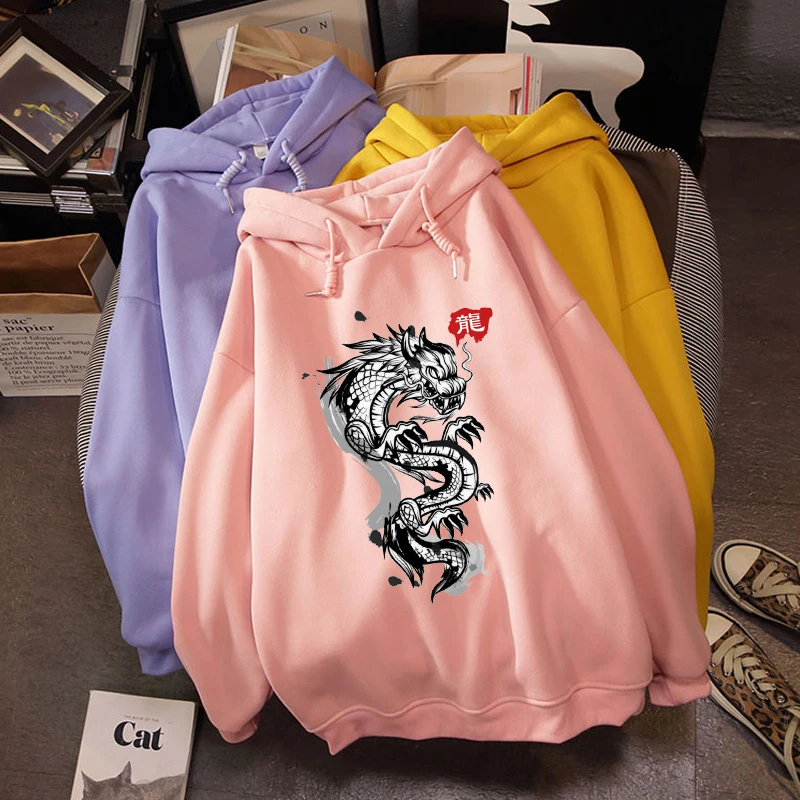 

Winter Gothic Style Hoodie Streetwear Female Sweatshirt Harajuku Dragon Print Hooded Aesthetic Hoodie Ladies Tracksuit Women
