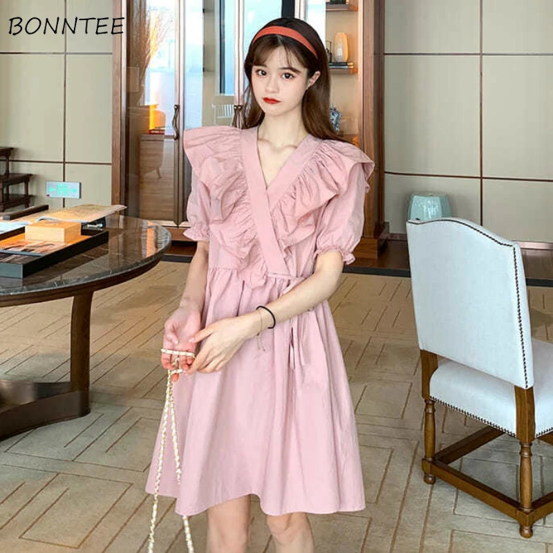 

Women Short Sleeve V-neck Ruffles Solid Loose Sweet Girls Ulzzang Straps Adjustable Waist Fashion Korean Style Casual Student