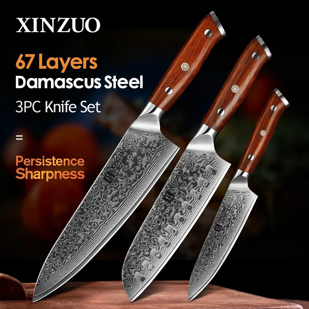 

Набор кухонных ножей сантоку XINZUO, комплект из 1 или 3 японских кованых ножей из дамасской стали, ручка из нержавеющей стали и палисандра