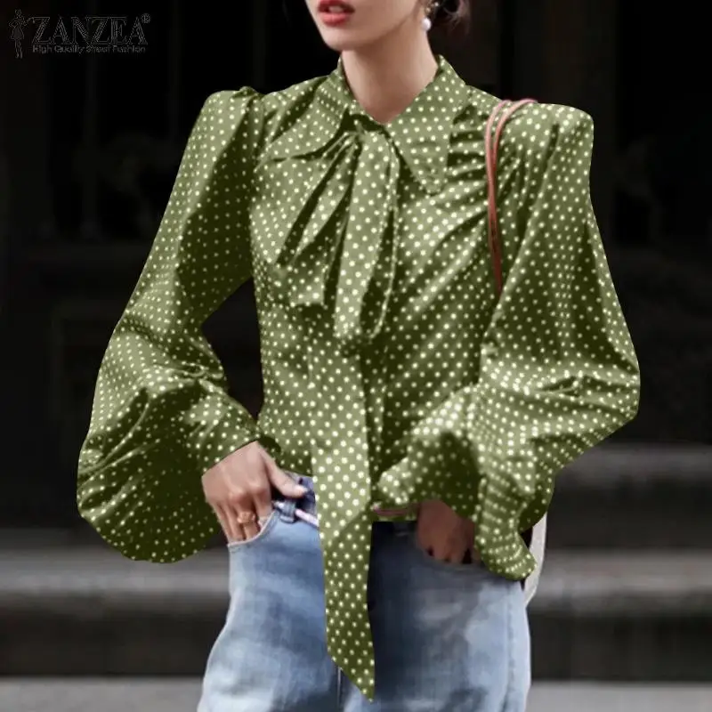 

Women Polka Dot Printed Shirt ZANZEA Elegant Long Puff Sleeve lapel Blouse Autumn Vintage Lace Up Chemise Office Work Tunic Tops