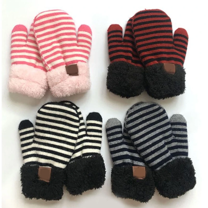

2pcs Infant Baby Striped Wool Beanie Hat Gloves Mitten Set Fake Ball Pom Pom Cap