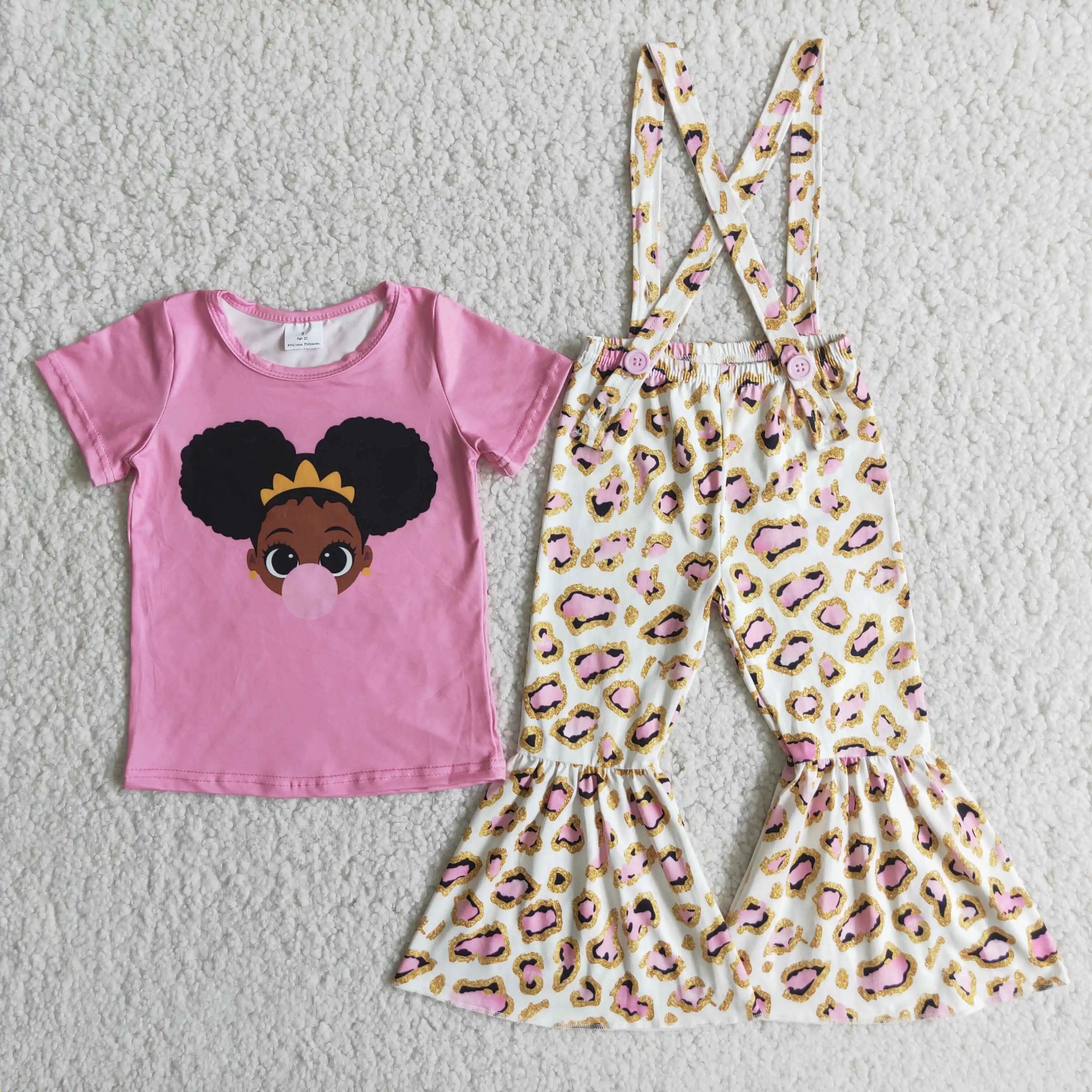 

Black girl's leopard print overalls button pants trousers fashion black kids boutique clothing 2 pc sets