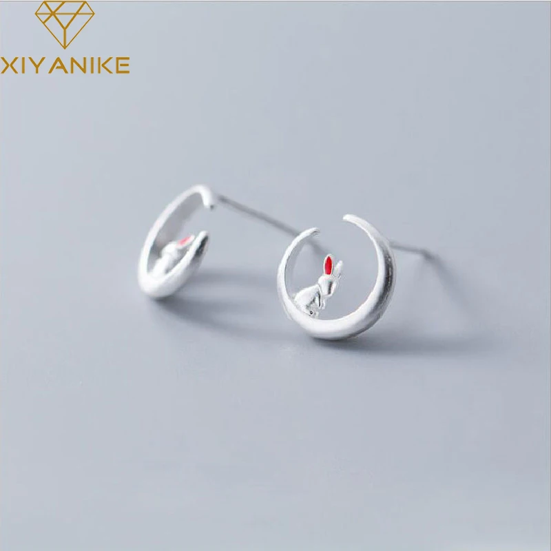 

XIYANIKE Silver Color Moon Rabbit Earrings Studs For Women Girls Cute Animal Luxury New Fashion Trendy Jewelry Gift серьги 2022