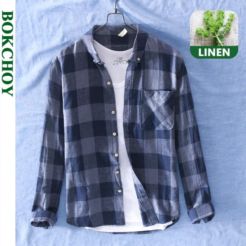 

Льняные рубашки, мужские удобные дышащие повседневные рубашки из натурального льна, мужские рубашки в клетку, GML02-759