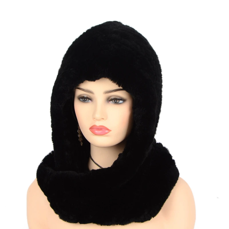 Black Женская шапка, новинка, вязаный Настоящий мех кролика, шапка с капюшоном, шарф, зимние шапки для женщин, шапка, теплая, натуральный мех, шапка с шеей, шарфы - Цвет: Black