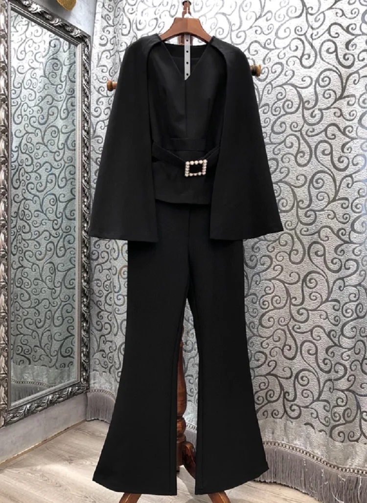 

Women's Top Quality Set 2021 Autumn Blazer Set Woman Cape Poncho Style Tops Coat+Flare Leg Long Trousers Pant Set Female 2 pcs