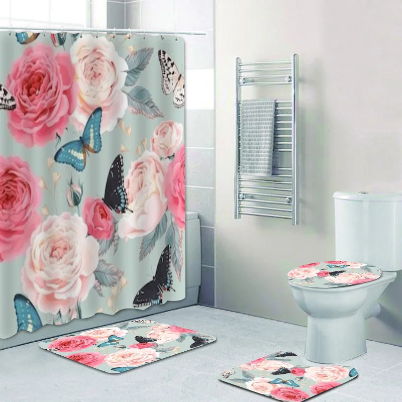 Романтичный набор штор для душа с розами и бабочками пиона из 4 предметов