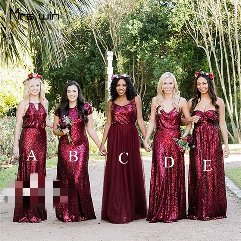 

Mrs win Bridesmaid Dresses Sparkling Sequined Burgundy 5 Styles Wedding Guest Dress HR244 Sheath Long Mermaid Vestido Madrinha