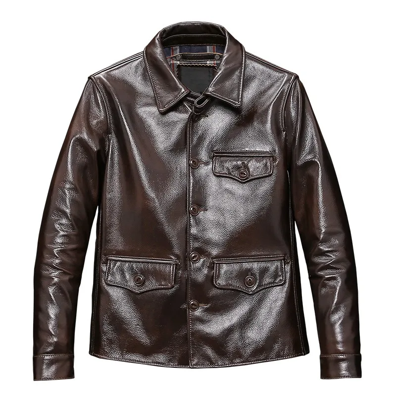 

Genuine Japanese Vintage Leather Short Jacket Mens Slim Fit Long Sleeve Turn-Down Collar Single Breasted Cowboy Cowhide Coat Men