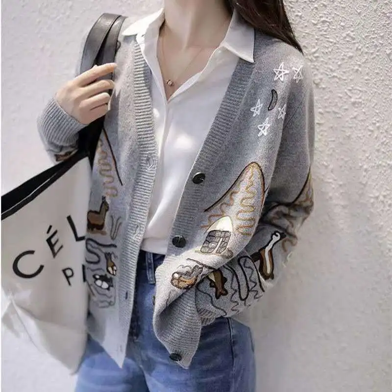 

2021 new spring and autumn lazy style sweater coat women's versatile fashion Korean loose print knitting cardigan