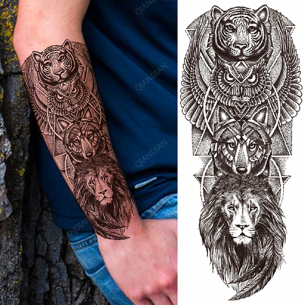 

1pc Animal Tiger Lion Wolf Owl Men Waterproof Temporary Tattoos Stickers Arm Sleeves Cool Hipster