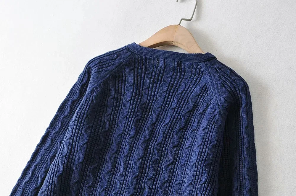 

Fashion Slim Women NavyBlue Knitted Sweater Vintage Long Sleeve V-Neck Floral Cardigan Sweater Casual Embroidery Chic Tops