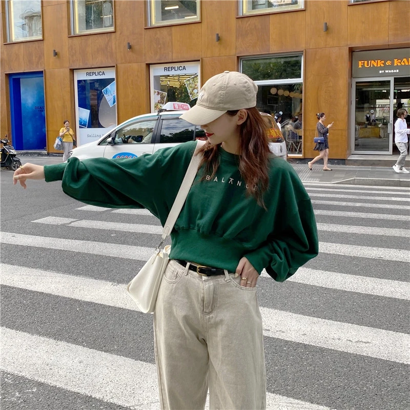 

XZ802 women 2021 new spring and autumn foreign temperament salt round neck short Sweatshirts