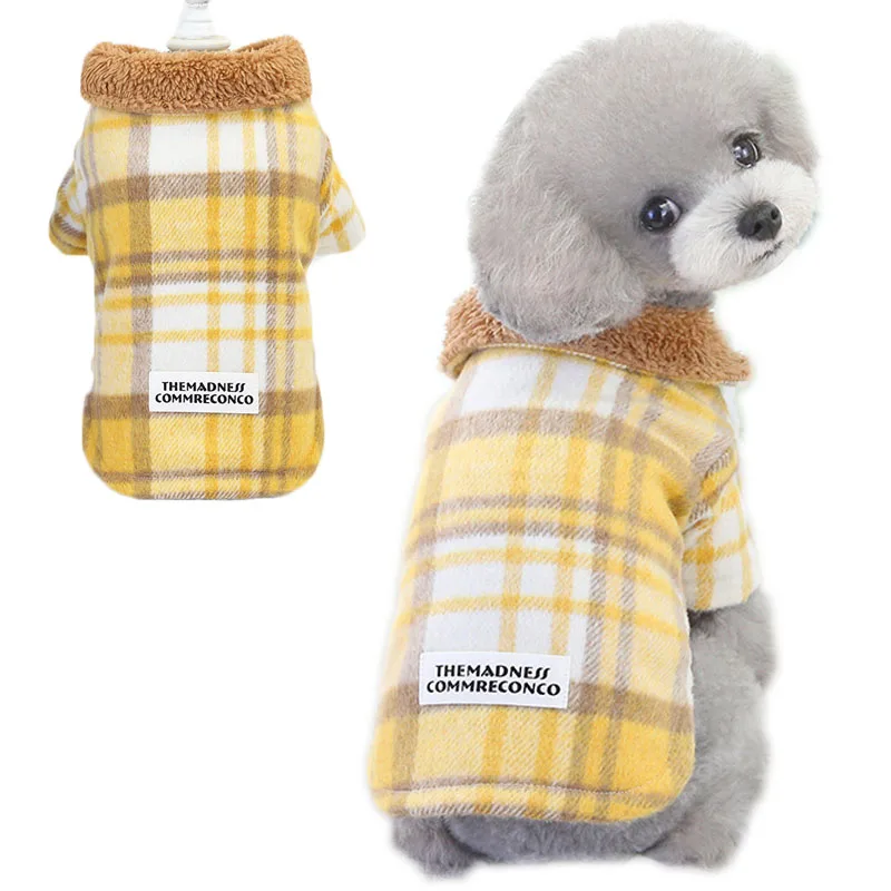 Plaid Dog Winter Clothes Long Sleeve Warm Cat Coat Fleece Lapel Woolen Cloth Pet Outfit Clothing Yellow/Blue Pets Apparel Poodle | Дом и сад