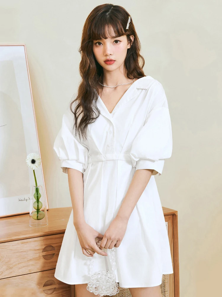 

2021new Summer French V-neck Casual Shirt Dress Girl Slim Temperament Black Dresses For Women's Short A-line White Korean N8yu