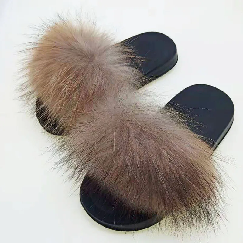 raccoon fur Всесезонные тапочки с натуральным лисьим мехом; меховые шлепанцы; пляжные сандалии с пушистым мехом; плюшевые домашние тапочки; Домашние меховые Вьетнамки; обувь с лисьим мехом - Цвет: raccoon fur