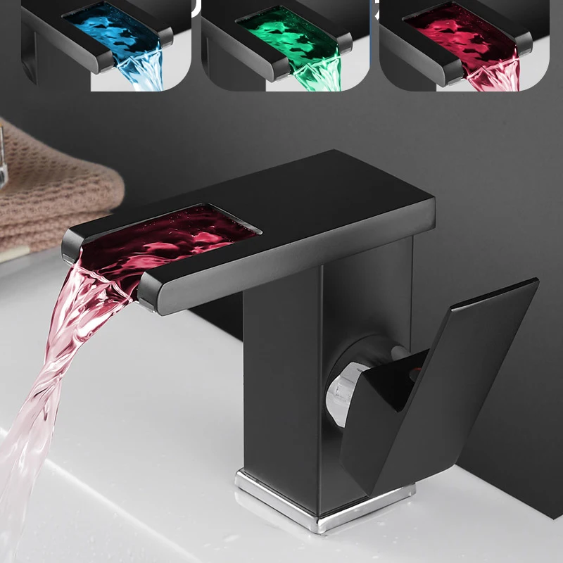 

NEW LED Luminous Basin Faucet Copper Waterfall Water Temperature Control Discoloration Table Washbasin Bathroom Sink Mixer Tap