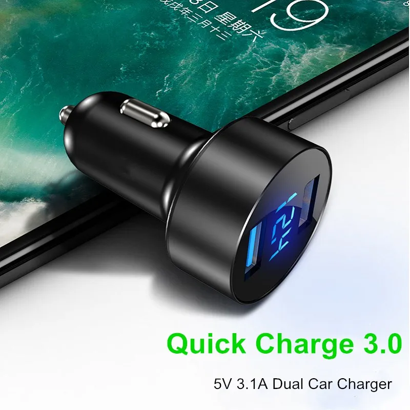 Автомобильное зарядное устройство с двумя USB 3,1 А, цифровой светодиодный дисплей, автомобильное зарядное устройство для Xiaomi iphone, смартфонов, планшетов, QC 3,0, USB адаптер для быстрой зарядки