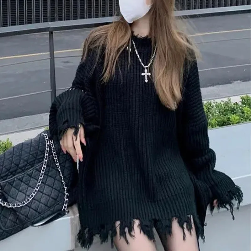 

Black Knitted O-Neck Sweater Mid-Length Loose Irregular Knitted Jacket Top Winter Fringed Long-Sleeved Top Keep Warm