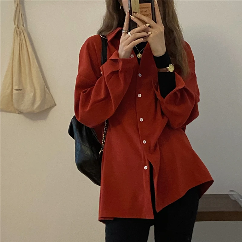 

Women Blouse Shirts Spring Autumn 2021 New Oversize Elegant Solid Pocket Korean Style Office Lady Wild Tops