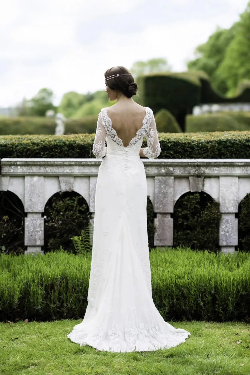 Vestidos De Novias Elegant Lace Wedding Dress with Sleeves 3/4 High Neck White V Back 2016 Long Robe Mariage Party | Свадьбы и
