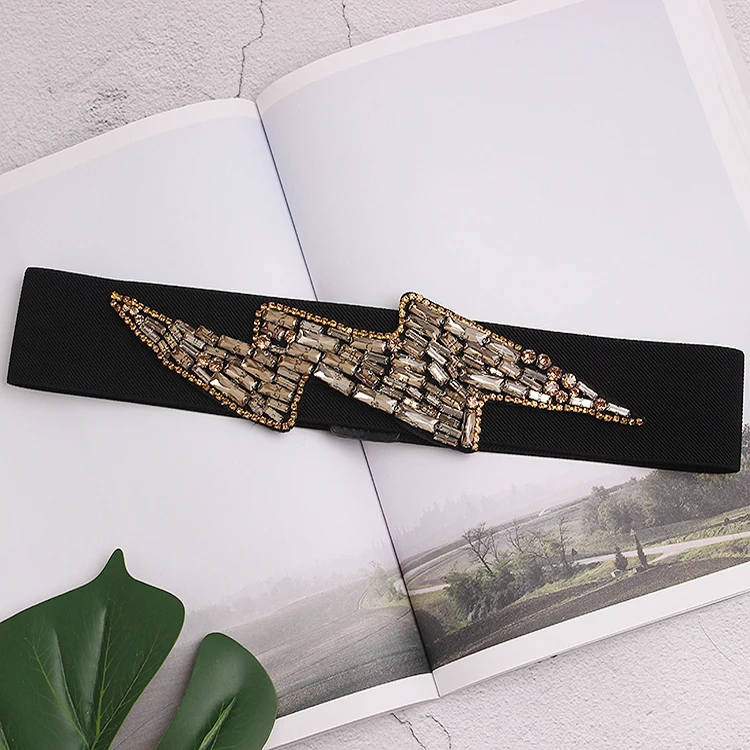 

Lightning Geometric Rhinestone Waist Belt Women White Grey Colorful Crystal Bead Elastic Waistband Caestus Female Corset Belt