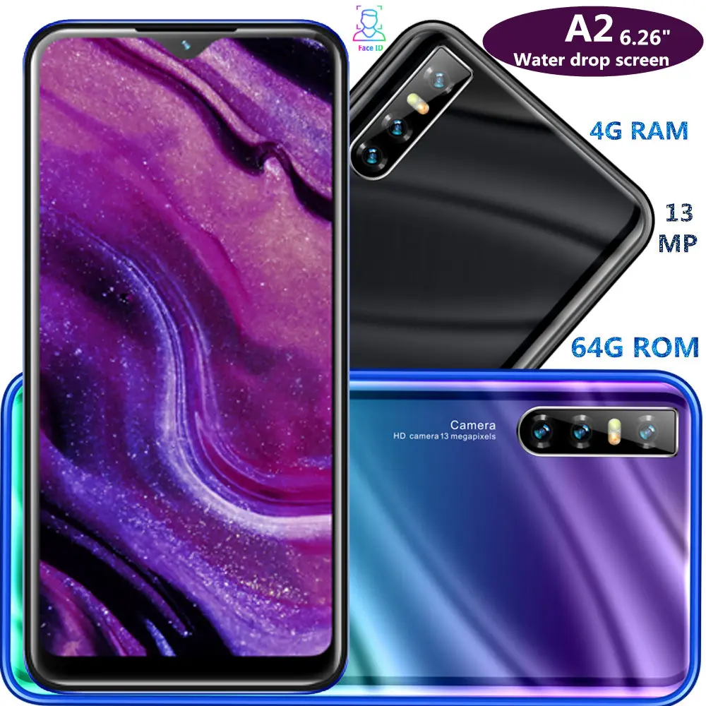 

A2 Face ID unlocked celulares quad core smartphones 4GRAM 64G ROM 13MP camera 19:9 6.26" water drop screen android mobile phones