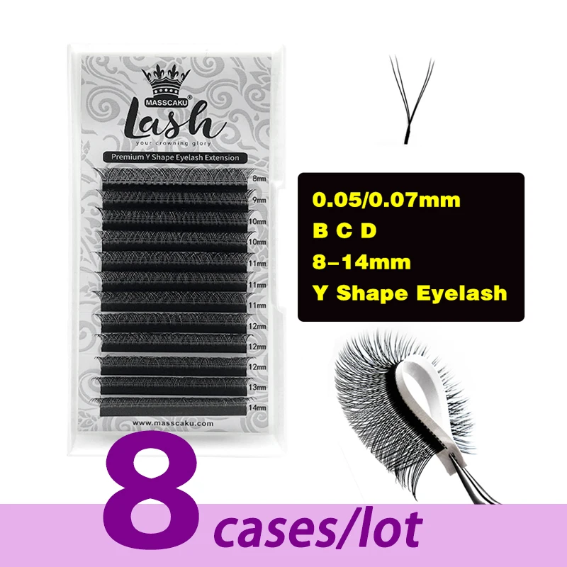 8 Cases/Lot MASSCAKU Y-Shaped Mink Faux Individual False Eye Lashes 2D Premede Fans C/D Curl Fluffy Lash Extension for makeup