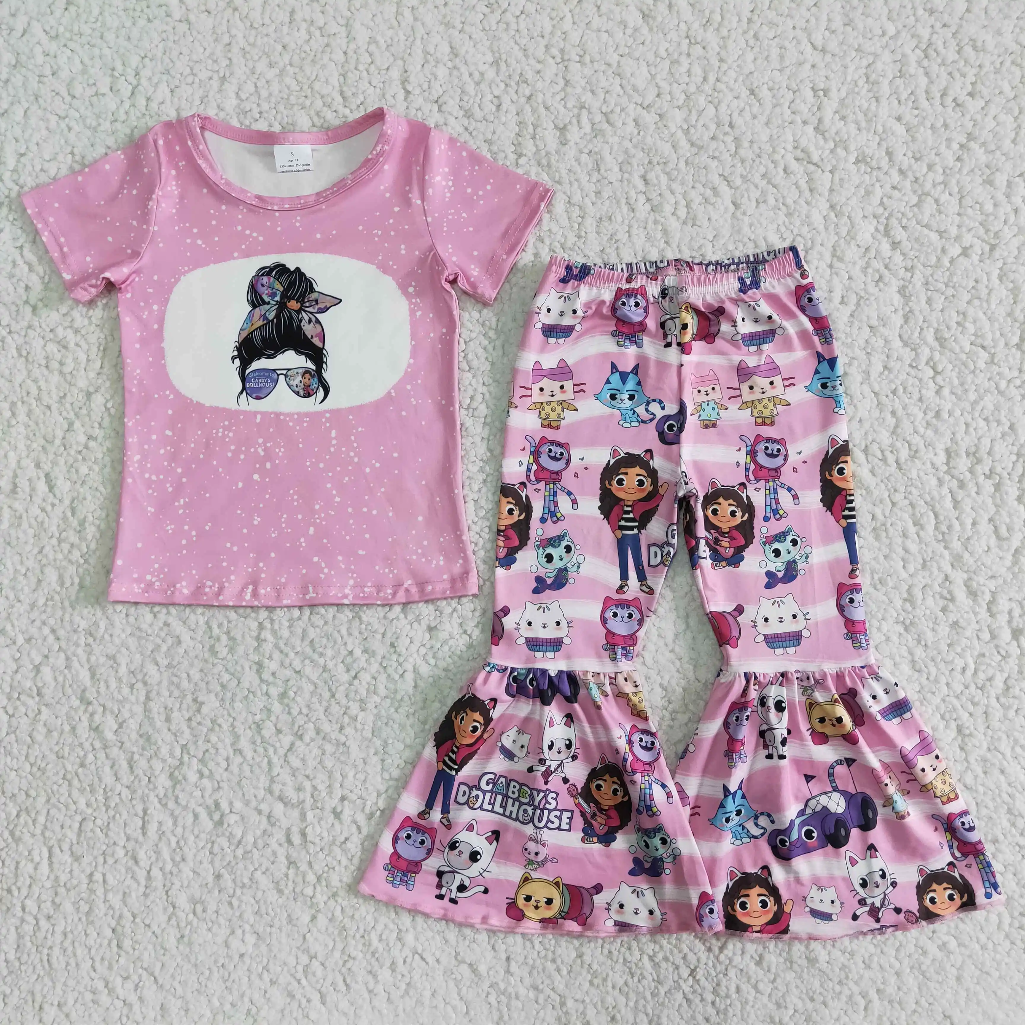 

comfortable baby set cartoon print baby clothes set unisex kids clothing set pink short sleeve bell bottom pant outfit