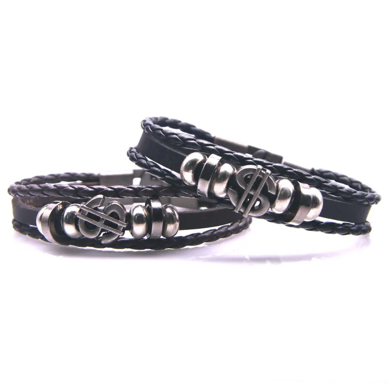 Vintage Black Brown Multi-Layer Leather Punk Bracelet Men's Women's Dollar Money Symbol Charm | Украшения и аксессуары