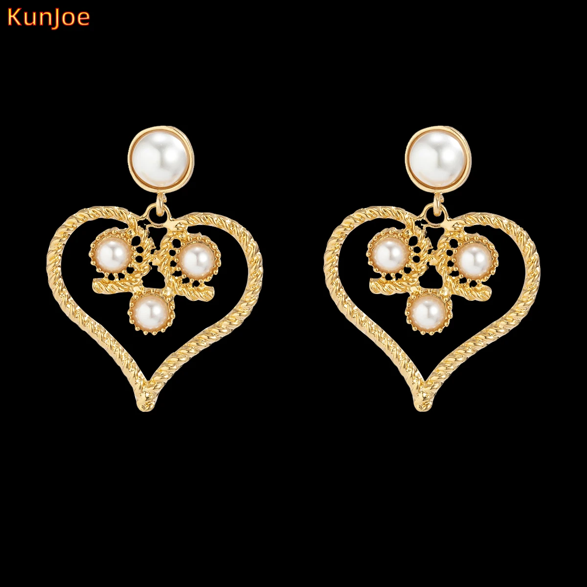 

KunJoe 2021 Vintage Baroque Pearl Big Love Heart Drop Earrings Gold Color Metal Geometric For Women Girls Party Travel Jewelry