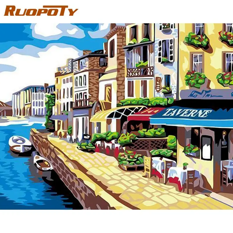 

RUOPOTY Frame Ancient Town Diy Painting By Number Acrylic Picture Modern Wall Art Hand Painted Oil Painting For Home