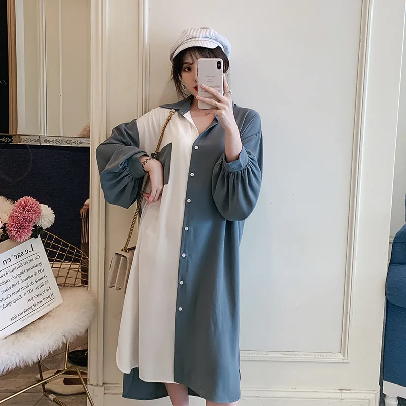 [EWQ] контрастное маленькое длинное платье-рубашка с карманом корейское свободное