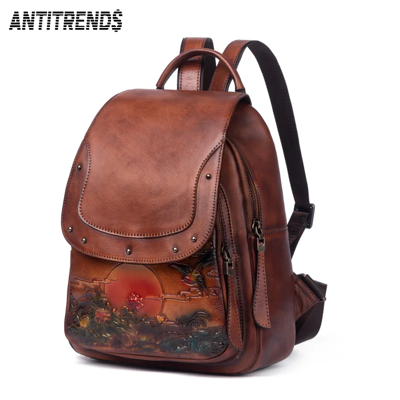 

Vintage Embossed Large Capacity Women Backpack Genuine Leather Bag Chinese Style Leisure Nature Soft Cowhide Travel Bags 2021