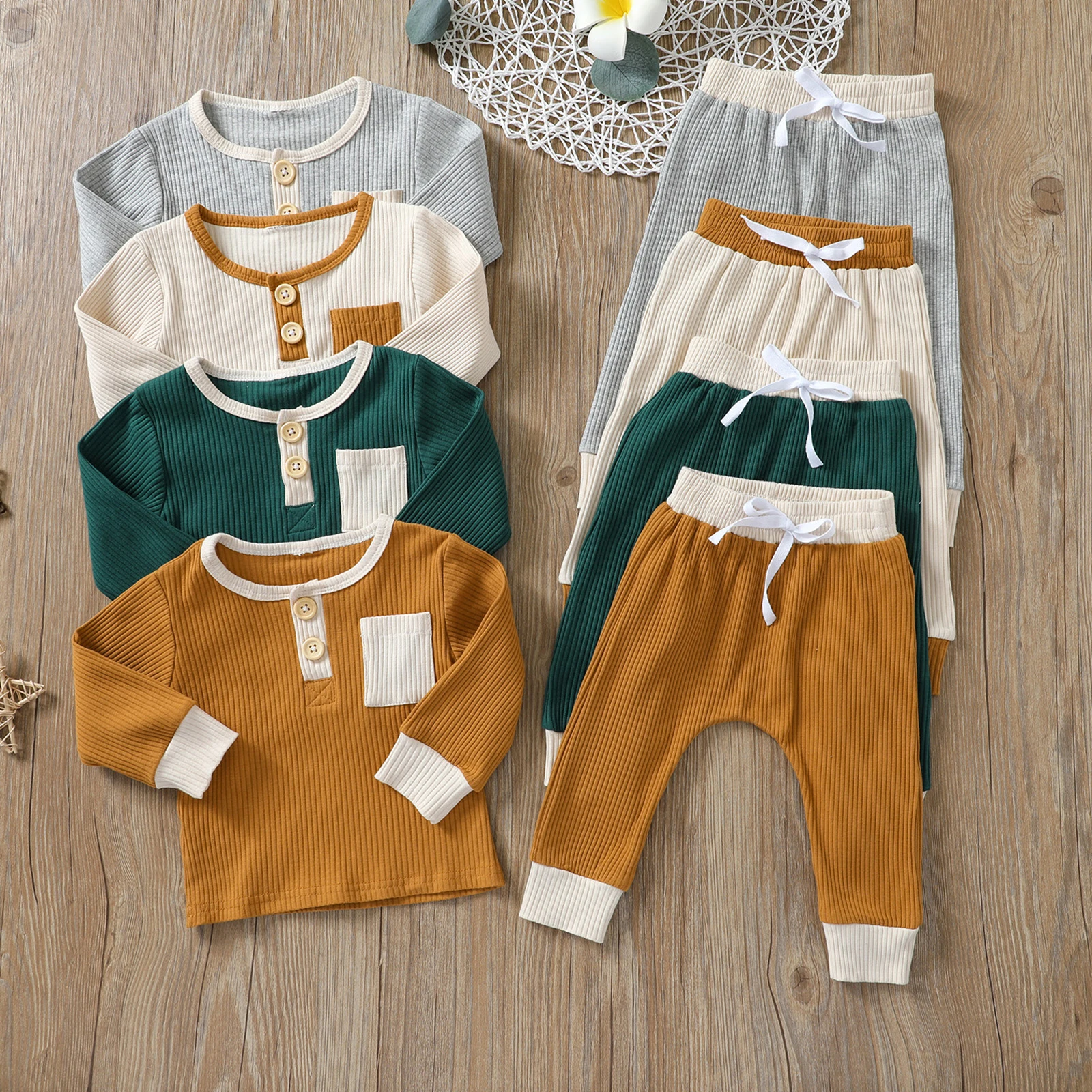 

OPPERIAYA 2Pc Children Tracksuit Splicing Color Long Sleeve Pullover Top Elastic Waist Pants Baby Girls Boys 6 Months to 4 Years