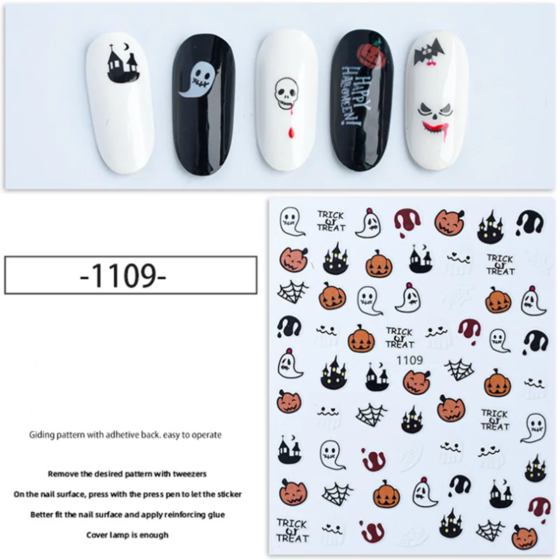 

5PCS Halloween Series Spider Web Black Cat Bat Pumpkin Witch Horror Luminous DIY Nail Art Sticker Decal Slider Wraps Decor
