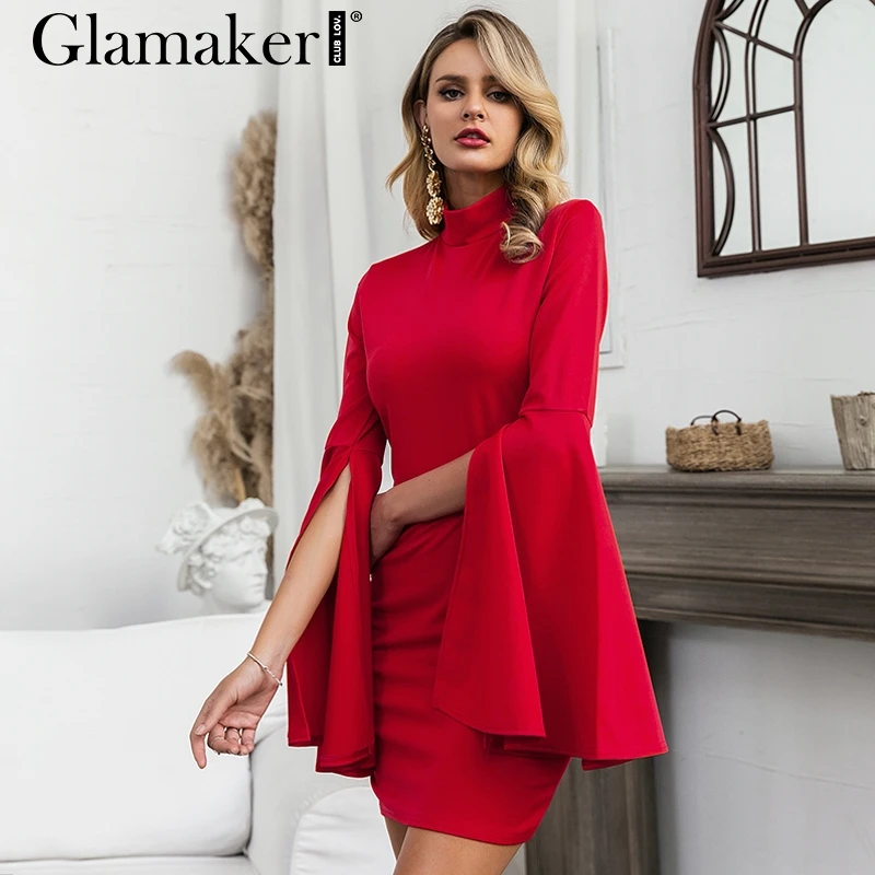 Glamaker, длинное, расклешенное, красное, осеннее платье, женское, элегантное, женское, Мини Короткое платье, вечерние, для ночного клуба, сексуальное, облегающее, зимнее платье