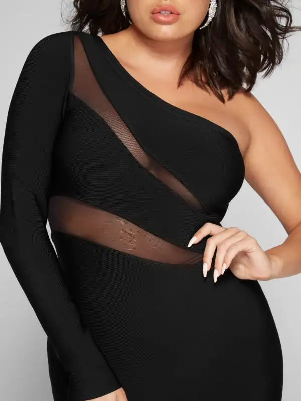 

2021 Winter Women Sexy One Shoulder Long Sleeve Mesh Black Bodycon Bandage Dress Elegant Celebrity Evening Party Dress
