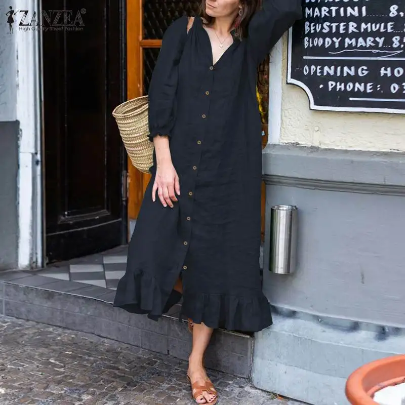 Платье ZANZEA женское на пуговицах с оборками элегантный повседневный Однотонный