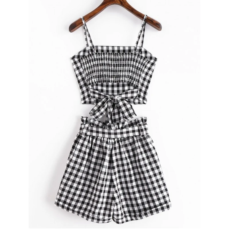 

Women's Plaid Printed Clothes Sets New Sexy Slim Camisole Shorts Set Costume Suits Ladies' Summer Clothing Sets M