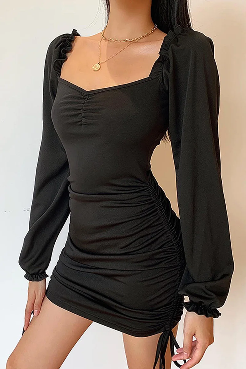 

Square Neck Long Sleeve Dress ins Hepburn style side drawstring black show thin chest temperament skirt