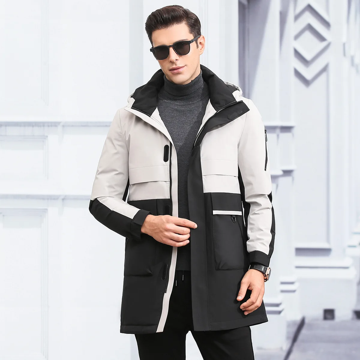 

Mens Down Jacket New Winter Casual Long Hooded Coat Male Clothing Business Fashion Trendy Gray Duck Down coats