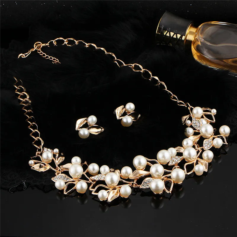 

Necklace Drop Earrings Fashion Jewelry Sets 2pcs Imitation Pearl Mariage Fine Gift Wedding Elegant Crystal Leaf Shape YH162