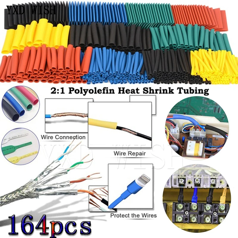 

164pcs/box Heat Shrink Tube Kit Shrinking Assorted Polyolefin Insulation Sleeving Heat Shrink Tubing Wire Cable 8 Sizes 2:1 s