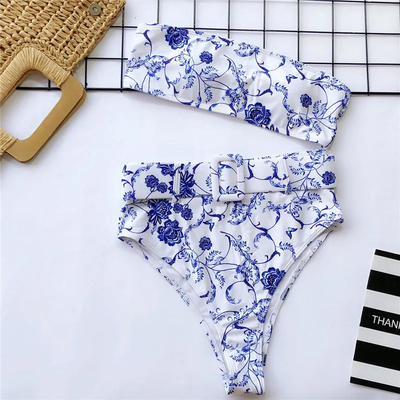 WB09 Blue and white Пояс купальник женский Бандо купальник с высокой талией бразильское неоновое бикини женский комплект из двух предметов купальный костюм летние купальники бикини - Цвет: WB09 Blue and white