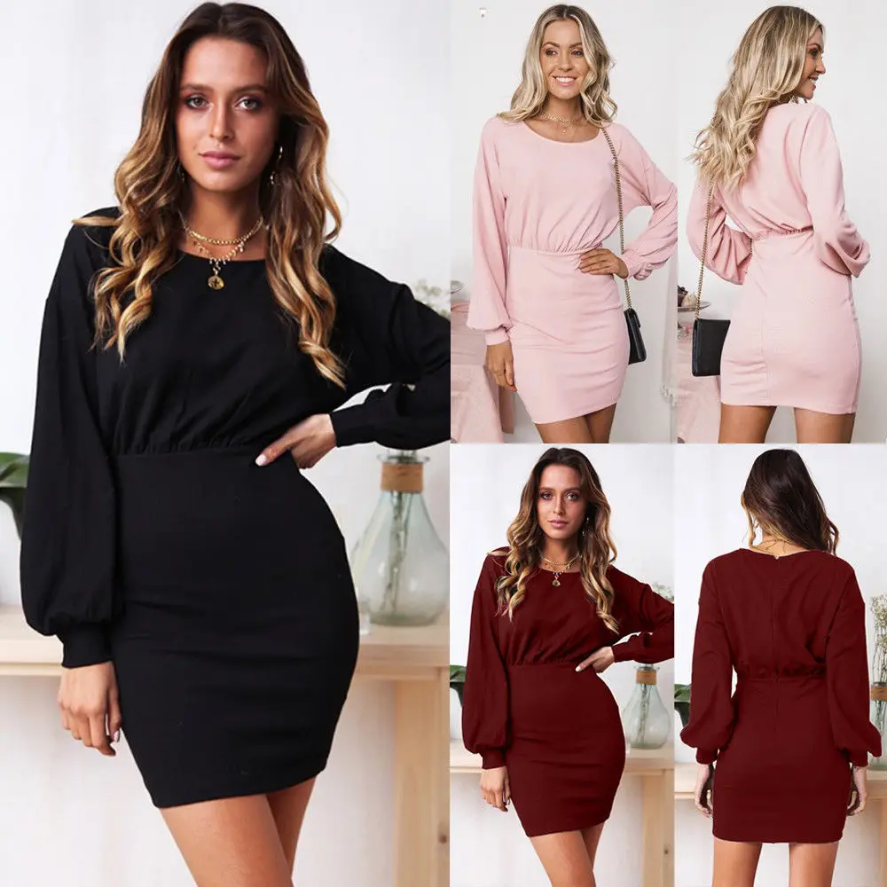 

Women Ladies Long Sleeve High Wasit Mini Short Dress Elegant Women Long Sleeves Party Dress Outfits