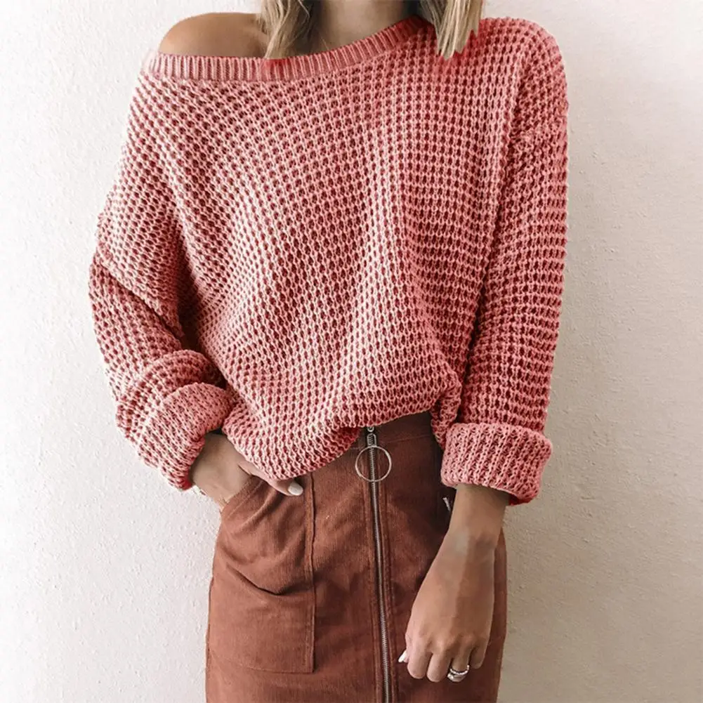 

Women Sweater Long Sleeve Off Shoulder Solid Color Slash Neck Knitted Top Ladies Casual Pullover Loose Streetwear Autumn Winter
