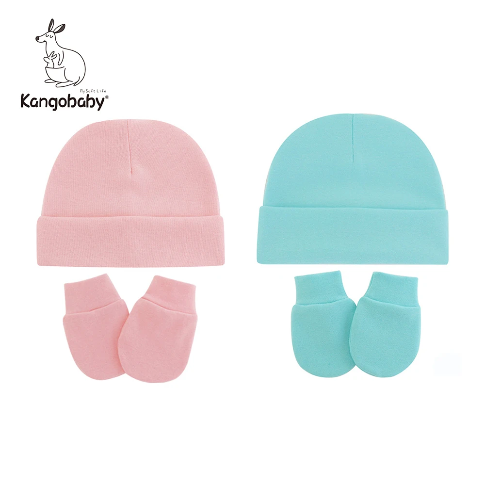 

Kangobaby #My Soft Life# Autumn Winter Newborn Fetal Cap Gripping Glove Set Solid Color Cotton Baby Hat And Mittens
